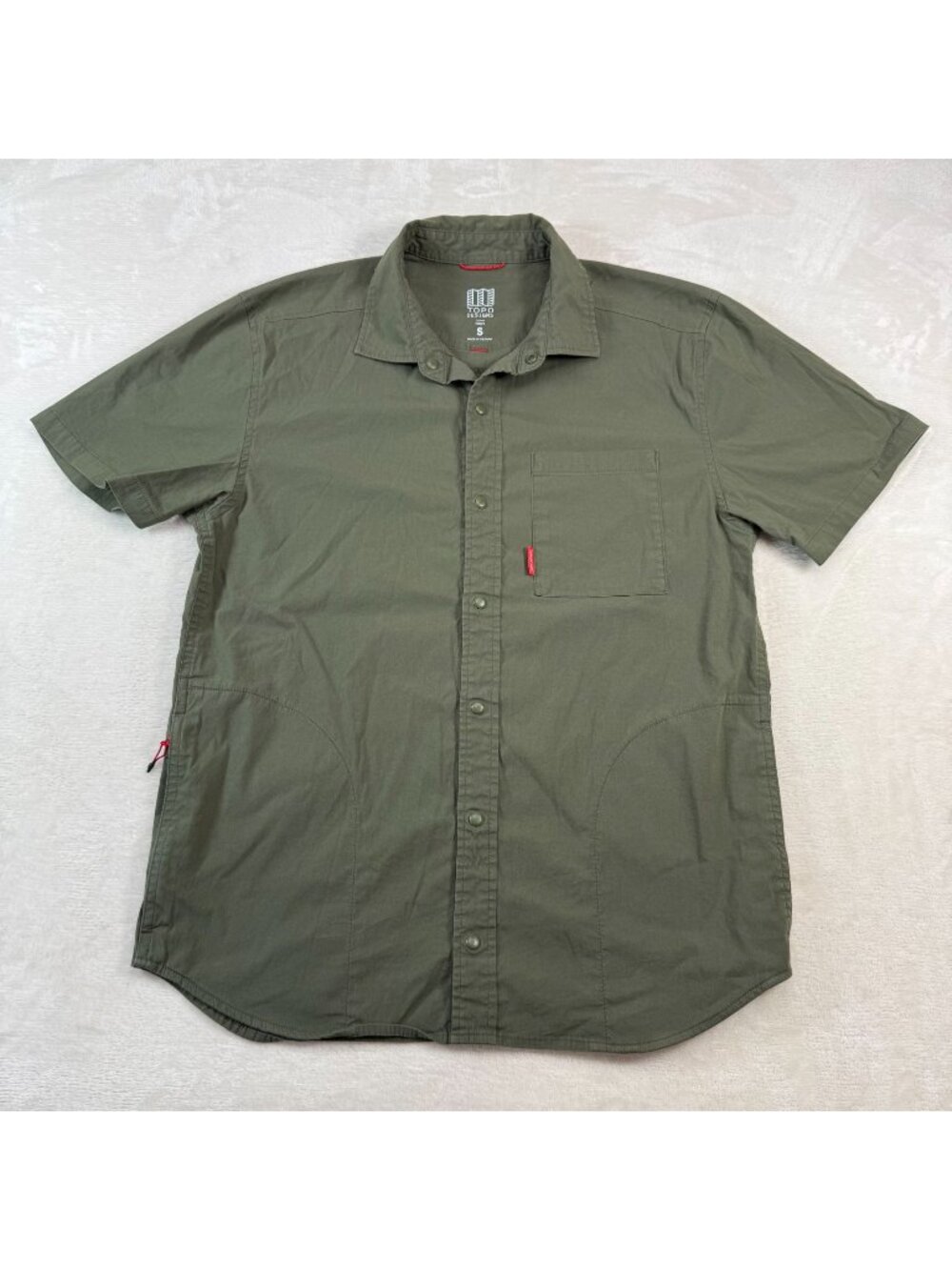 Topo Designs Global Short Sleeve Shirt Olive Green Mens Small Button Down Hiking